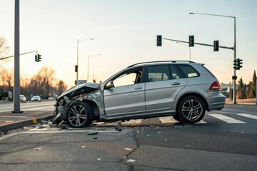 A badly damaged silver suv is at an intersection after a car accident with extensive damage.