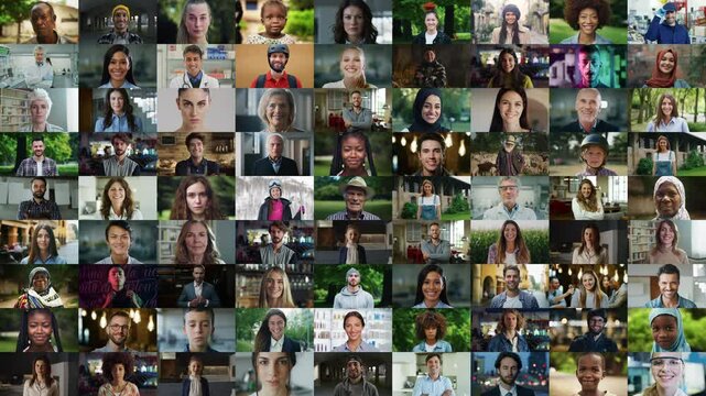 Static Portrait Collage with Authentic Multiethnic People of Diverse Background, Gender, Ethnicity, Occupation. Men and Women Looking at Camera. Happy People of the World Cheerfully Smiling