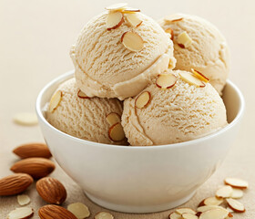 Close-up of a white bowl filled with three scoops of almond creamy ice cream, garnished with a almond