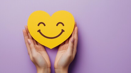 paper cut smiley face in hands make heart symbol for protection around on purple background. positive thinking, mental health, assessment, world mental health day concept