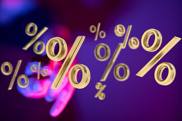 3D rendered image of golden percentage symbols. Perfect for finance, sales, discount, and marketing...