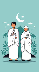 A digital illustration of a Muslim man and woman in pilgrimage attire, standing in front of the Kaaba in Mecca. They are seen making du'a (prayers) with the Kaaba in the background under a clear blue 