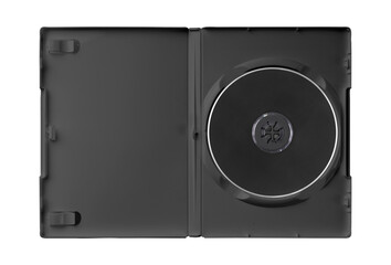 DVD disk video case on black background. Isolated game transparent mockup. Clean cover box template.