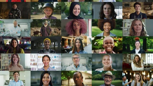 Portrait Collage with Authentic People of Diverse Background, Gender, Ethnicity, Occupation. Men and Women Looking at Camera. Happy People of the World Cheerfully Smiling. Footage Slide Down