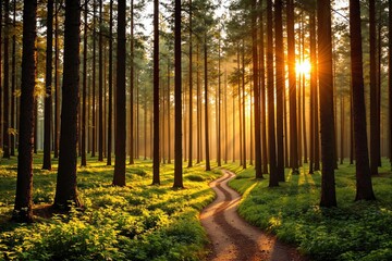 Serene forest path illuminated by golden sunlight.