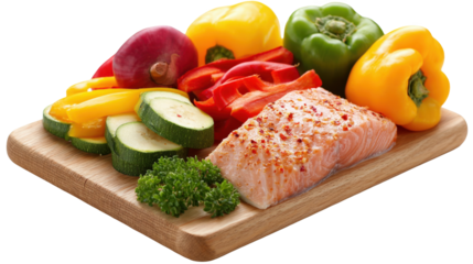 Seasoned grilled salmon fillet rests on a wooden cutting board alongside slices of zucchini, bell peppers of various colors, and a sprig of parsley, all presented on a transparent background
