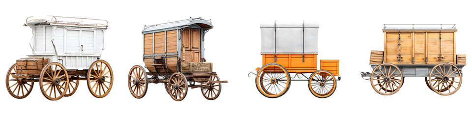 Fototapeta premium Vintage wooden carts in a variety of designs, showcasing intricate details, textures, and colors that evoke nostalgia and charm in rustic or historical settings