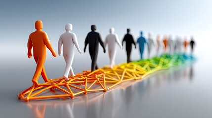 Diverse people walking in line