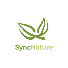 Fototapeta premium Letter S and N on two pieces natural leaves vector design. Green color with bold simple outline logo. Organic and ecology graphic concept.