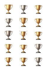 Gold and silver trophy cups collection isolated on white background