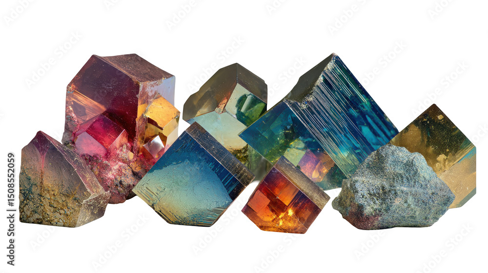 Poster array of colorful crystals with varying shapes and sizes is displayed, showcasing refracted light an