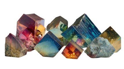 Array of colorful crystals with varying shapes and sizes is displayed, showcasing refracted light and transparent background, creating a visually captivating scene with transparent background