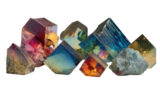 Array of colorful crystals with varying shapes and sizes is displayed, showcasing refracted light and transparent background, creating a visually captivating scene with transparent background