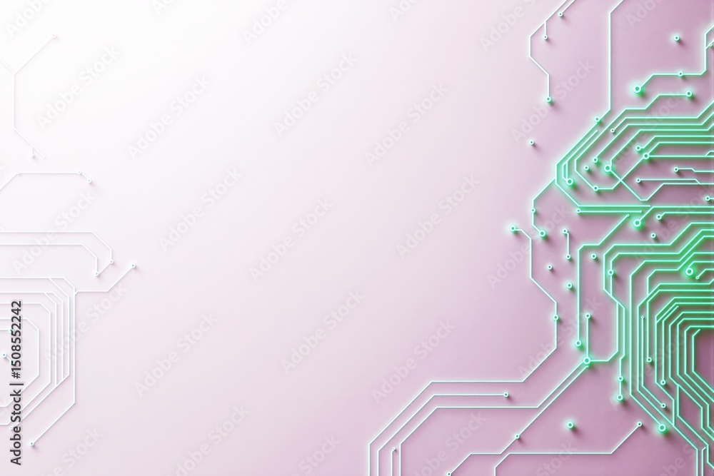 Aufkleber Futuristic circuit board background with glowing green lines on soft gradient backdrop.