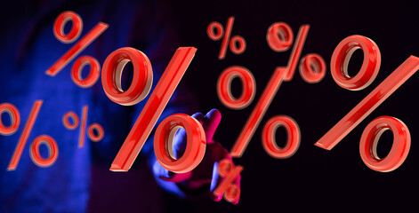 Abstract image of red percentage symbols floating towards a hand, ideal for discount and sale...