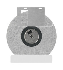 Floppy disk or diskette case on black background. Isolated transparent mockup. Clean cover box...