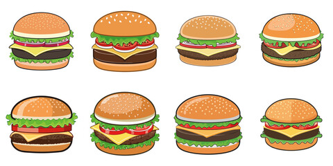 Vector illustration of multiple hamburgers, outline