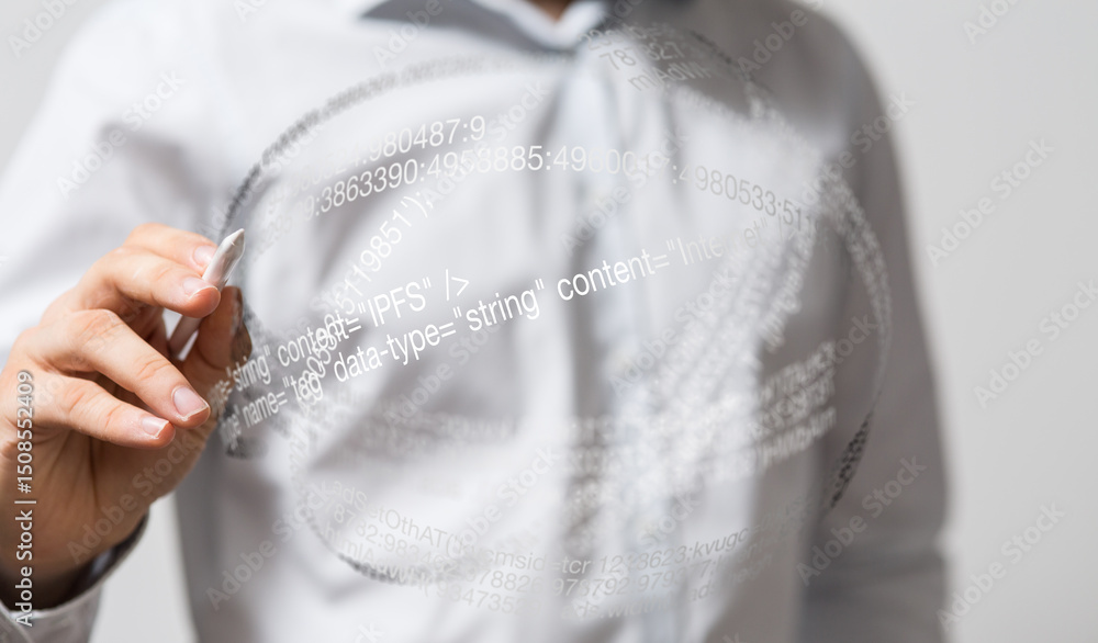 Poster A person uses a stylus to interact with a transparent digital interface displaying code.