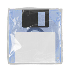 Floppy disk or diskette case on black background. Isolated transparent mockup. Clean cover box...