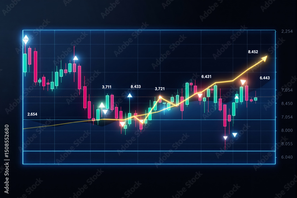 Poster financial stock market chart with glowing candlestick graph and indicators on a dark abstract backgr