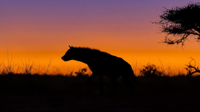 Spotted hyena silhouette at sunset over african savanna