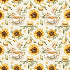Golden Sunflower Bloom and Elegant Tea Cup with Delicious Macarons Pattern for a Delightful Afternoon Tea Aesthetic