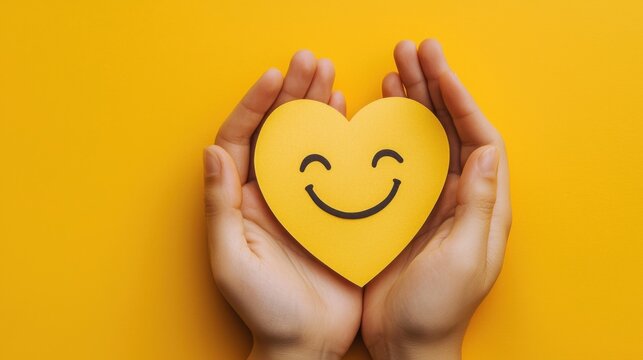 paper cut smiley face in hands make heart symbol for protection around on yellow background. positive thinking, mental health, assessment, world mental health day concept