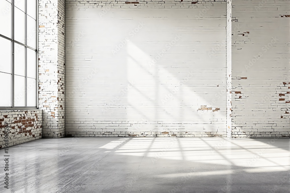 Poster empty loft with white brick walls and large window casting soft light.
