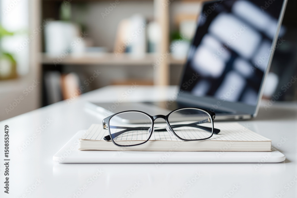 Poster black-framed eyeglasses resting on a notebook and tablet on a white desk, with an open laptop in the