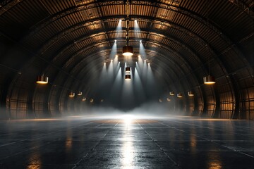 Atmospheric industrial hangar with dramatic lighting and misty ambiance.