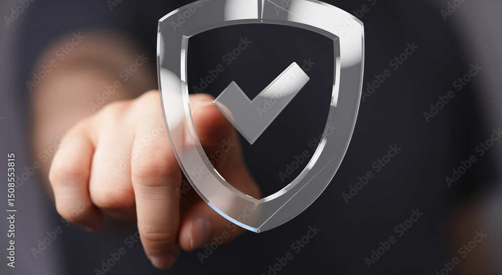 Poster Image of a hand interacting with a digital shield and checkmark, symbolizing data security and protection.