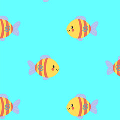 Naklejka premium Ocean animal seamless pattern with a cute fish, ocean animal background with cartoon-style sea fish . Child-friendly marine animal illustration in flat style.