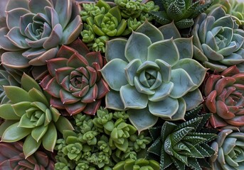 Close-up of Various Succulents Echeveria, Sedum, Aloe, Rosette-Shaped Plants in Full Bloom.