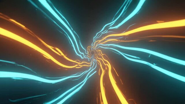 Futuristic smooth wave motion of neon curved lines entangled data particles opposite paths. Glowing lines split merge quantum threads, glowing in green, teal, cyan black infinite space