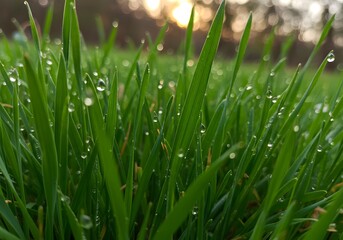 Close-up Dew-Kissed Green Grass Blades at Dawn, Morning Sunlight, Water Droplets, Nature's Beauty.
