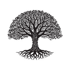 Naklejka premium Monochrome Vector of Yggdrasil Tree of Life with Graffiti Style