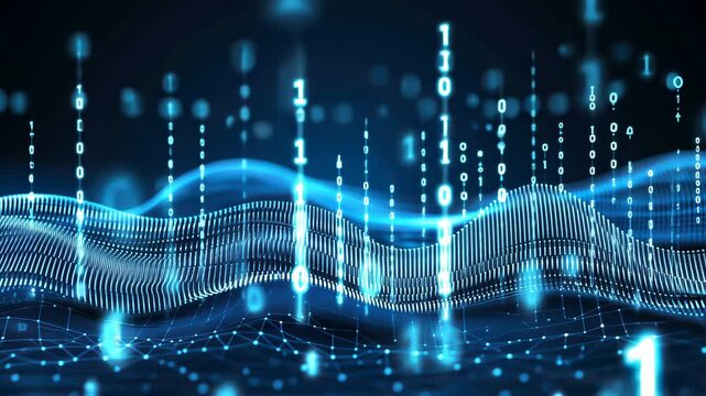 Blue digital binary code and wave lines representing data flow, technology, and information exchange in futuristic cyber environment

