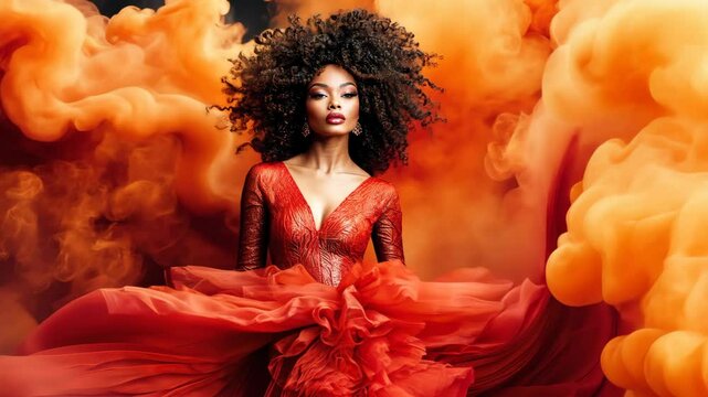 Fashion model in dramatic red gown surrounded by orange smoke clouds, symbolizing style, power, and high fashion in bold editorial photo shoot

