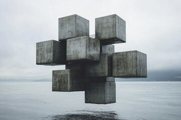Floating cubes stacked in a surreal sculpture
