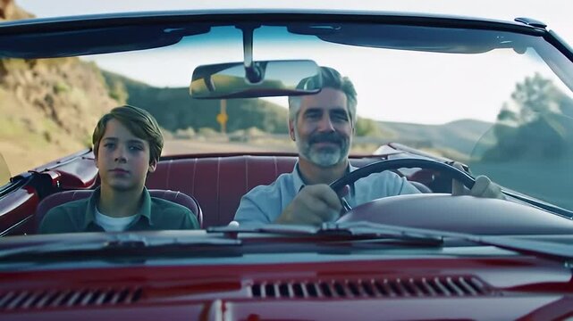 Father and son enjoying a classic road trip in a red convertible on a sunny day
