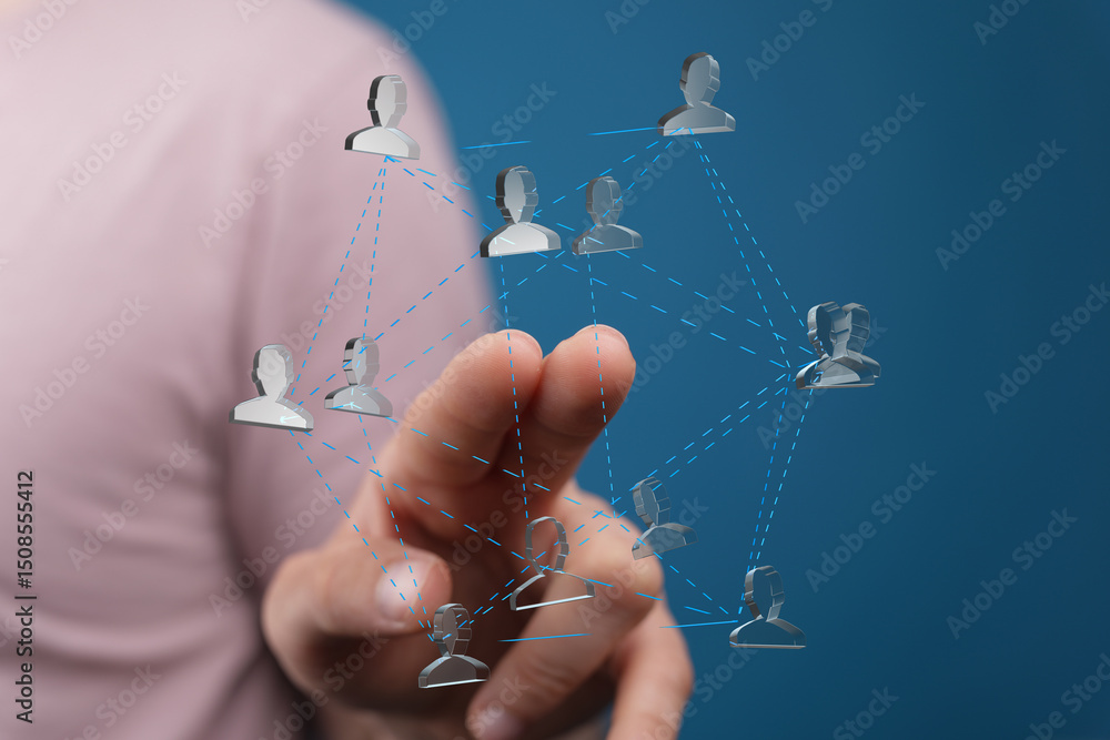 Poster hand interacting with a digital network of interconnected people, symbolizing global communication a