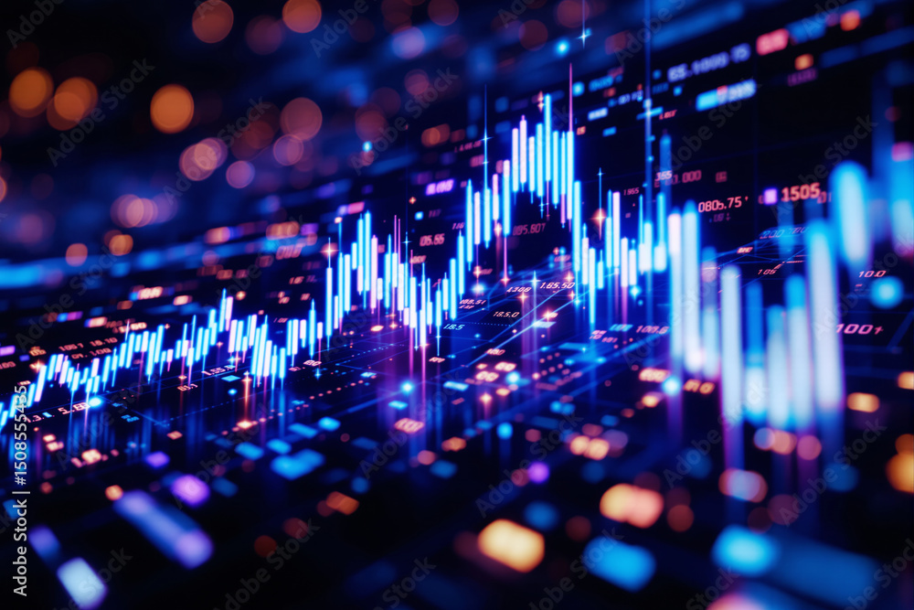 Poster financial stock market chart with glowing data points on a dark background.