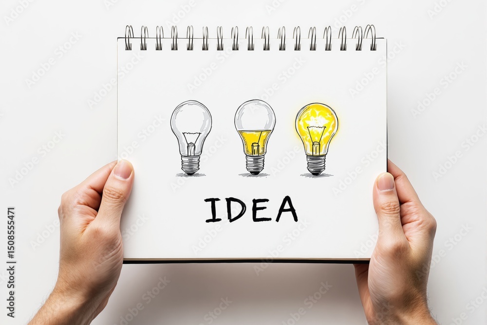 Poster hand holding sketchbook with three light bulb drawings, one illuminated, symbolizing idea and creati
