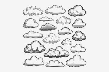 Clouds sketch. Vintage hand drawn sky background with large and small detailed cloudy shapes. Retro pencil drawing. Isolated monochrome cloudscape elements set.
