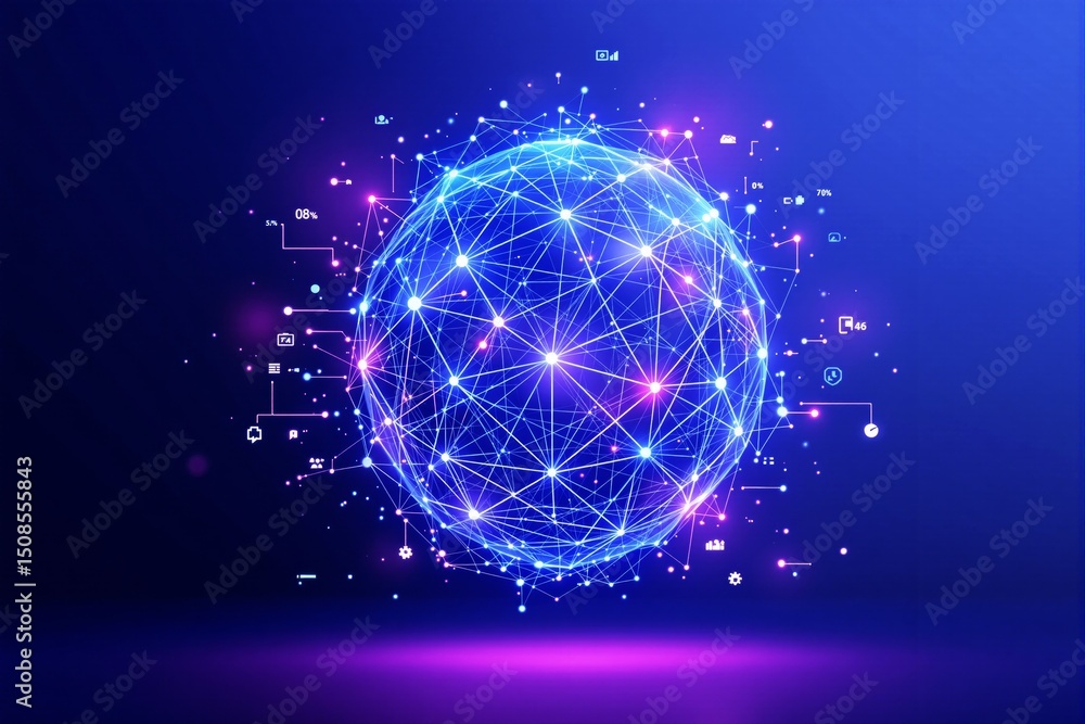 Aufkleber Futuristic digital globe with interconnected network nodes and technology icons on glowing blue background.
