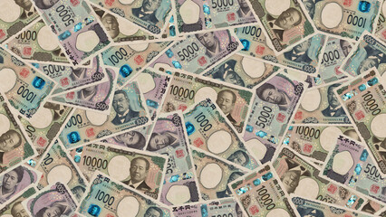 Illustration, seamless pattern. Scattered many new paper banknotes of Japan, denominations of 1000, 5000 and 10000 yen 2024. Japanese money. Finance and economy. Wallpaper or background