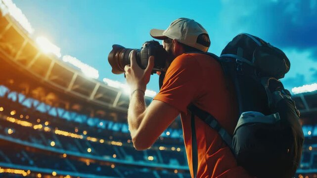 Photographer with Backpack Taking Pictures in a Stadium During a Sports Event