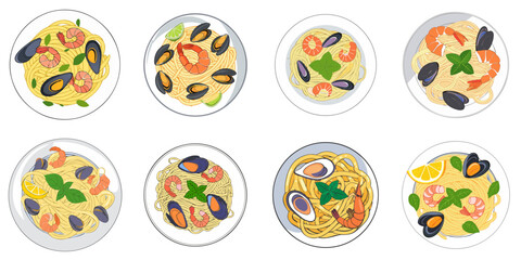 Vector illustration of multiple seafood pastas, outline
