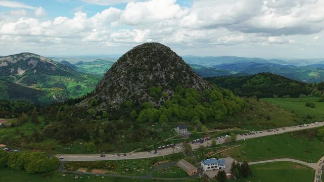 wide aerial shot around the Mont Gerbier de Jonc, Source of the Loire River in Ardeche, Auvergne Rhone Alpes Region, France