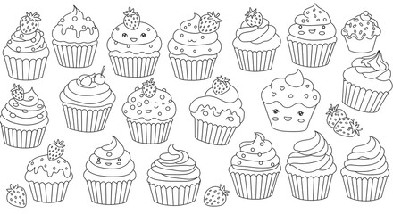 Printable strawberry cake, strawberry cupcakes and strawberry coloring sheet on white background—great for nutrition activities and classroom fun.